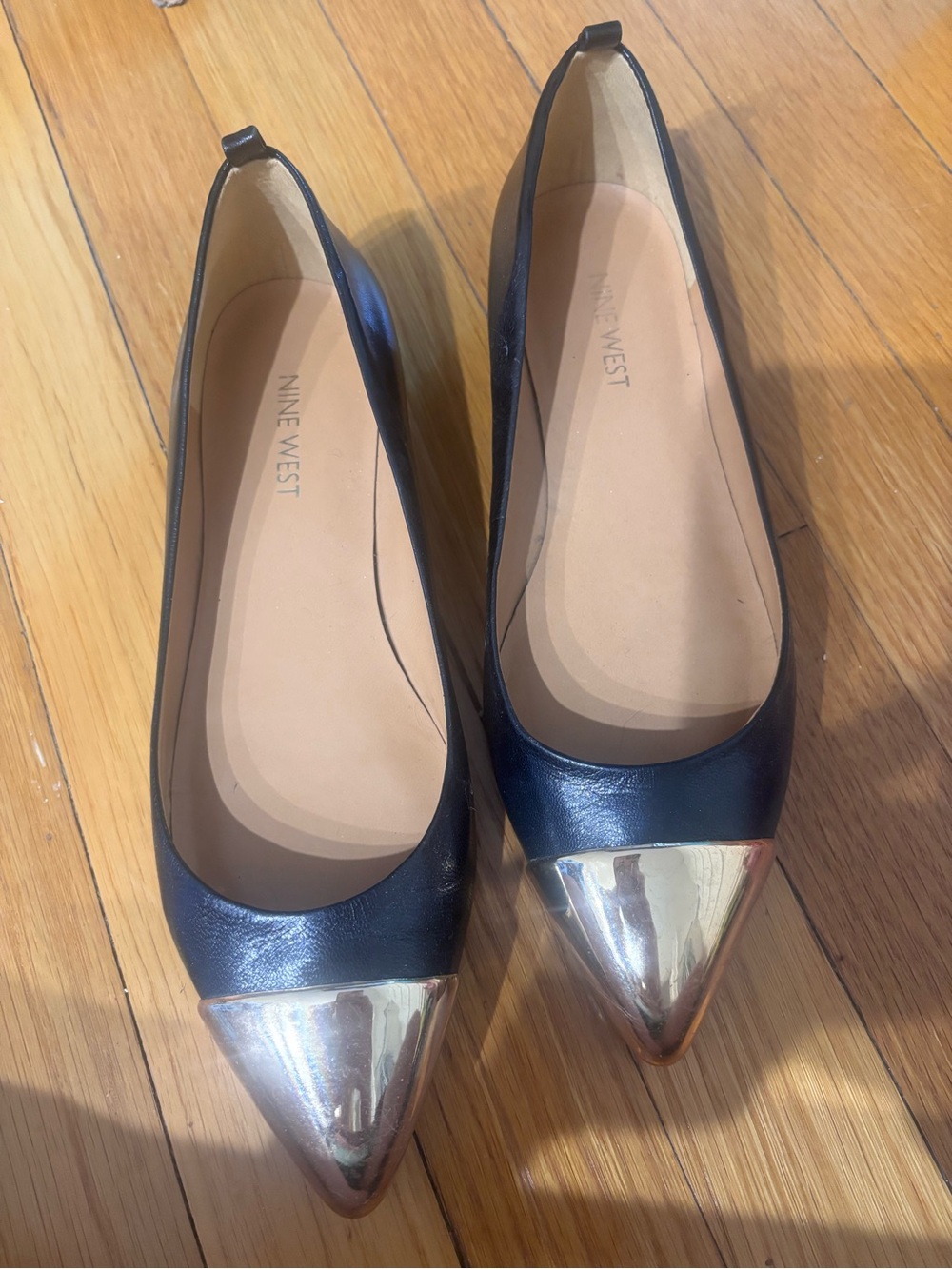 Nine West Black Flats with Metallic Gold Pointed Cap